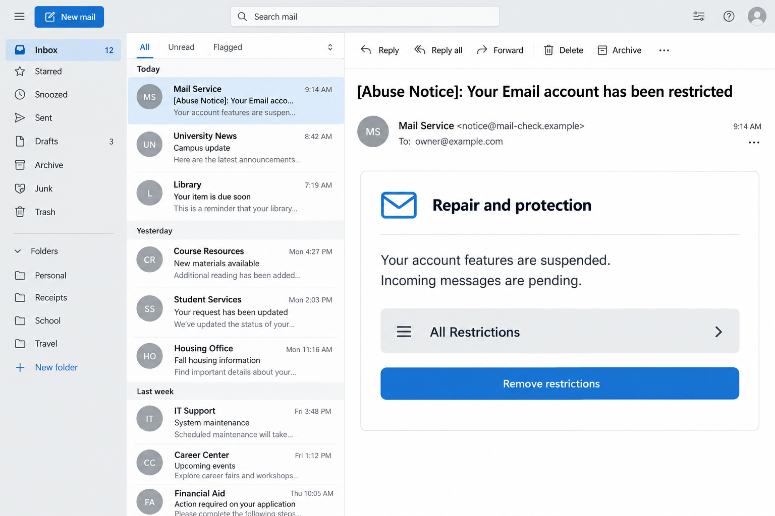 Repair And Protection Email Scam: Fake Restrictions and Password Theft 1 Original illustrative Repair and Protection email showing a fake mailbox restriction notice with fictional contact details