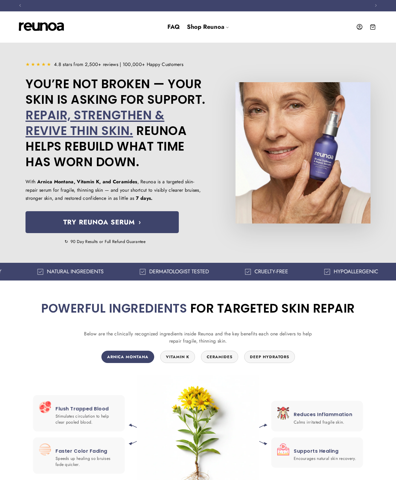 Reunoa Serum: Scam or Legit? Automatic Refills and Refund Terms Examined 1 Reunoa serum storefront advertising support for fragile skin and a 90-day results guarantee