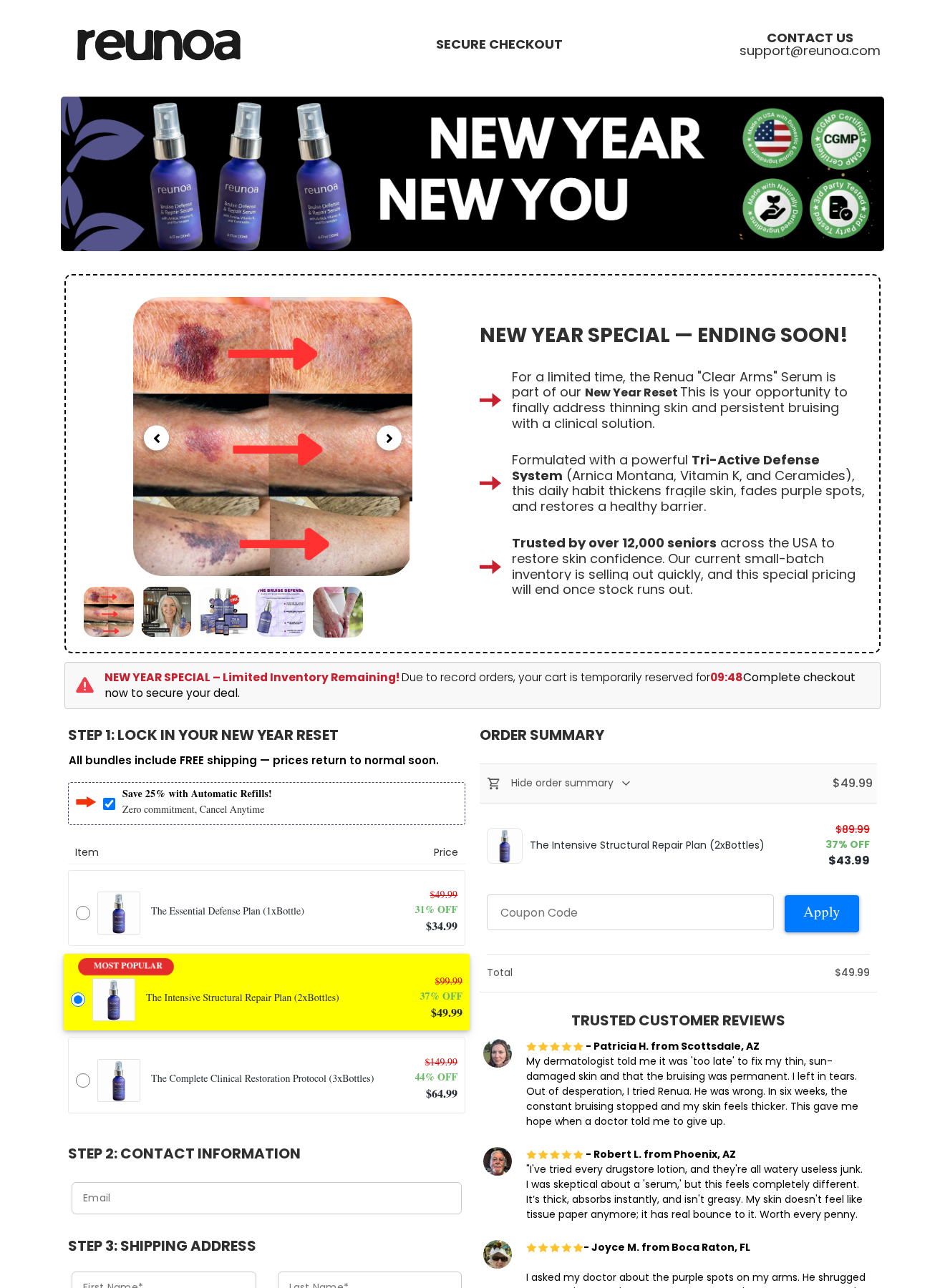 Reunoa Serum: Scam or Legit? Automatic Refills and Refund Terms Examined 2 Reunoa checkout with automatic refills checked, a selected bottle bundle and inconsistent displayed price figures