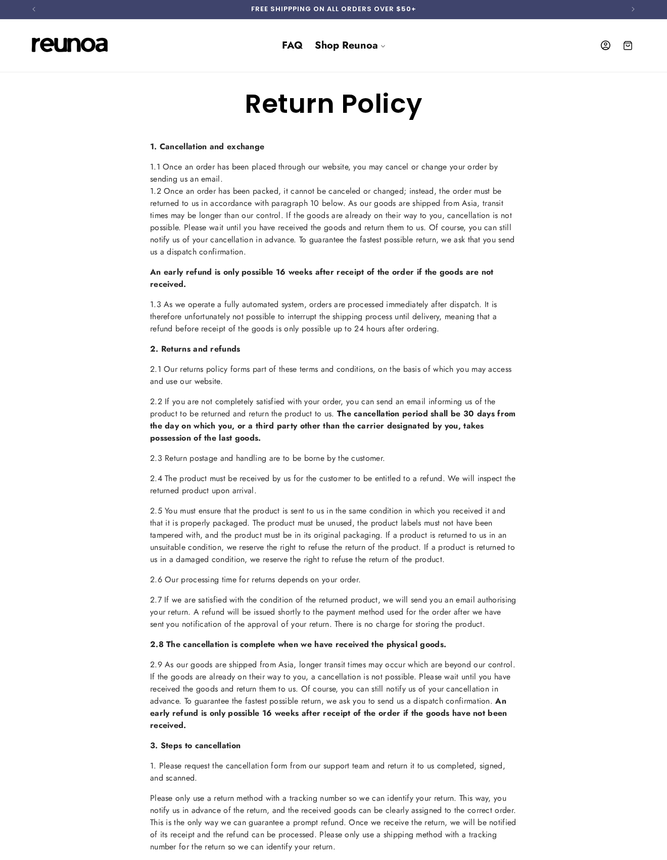 Reunoa Serum: Scam or Legit? Automatic Refills and Refund Terms Examined 3 Reunoa return policy showing 30-day unused-product conditions and a 16-week nondelivery refund provision