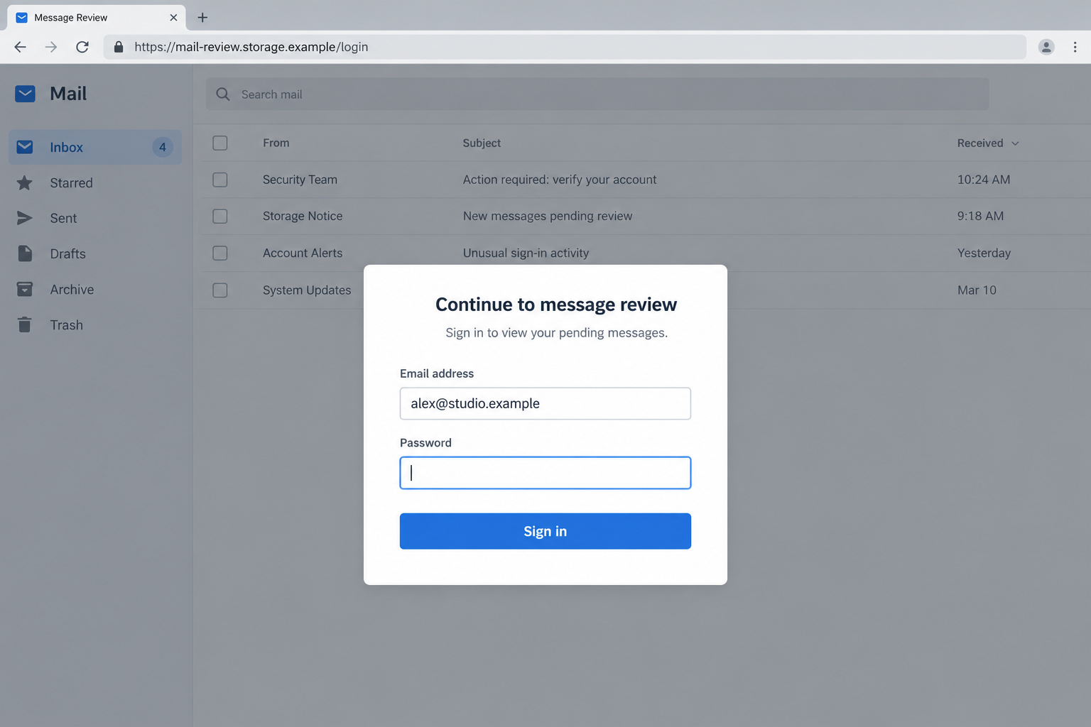 Message Review Center Email Scam: Four Pending Messages and Fake Logins 2 Illustrative cloud-hosted message review page requesting an email password