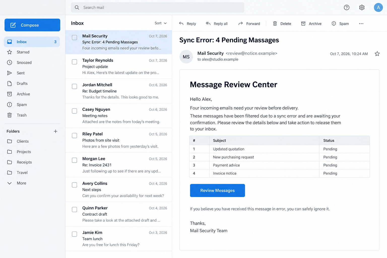 Message Review Center Email Scam: Four Pending Messages and Fake Logins 1 Illustrative Message Review Center email showing four pending business messages