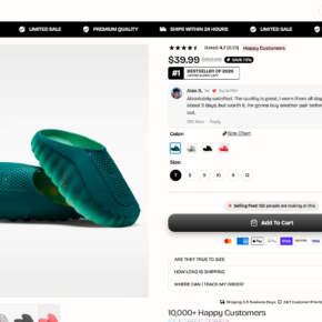 Revoraco slides product page showing a large discount, ratings and urgency claims