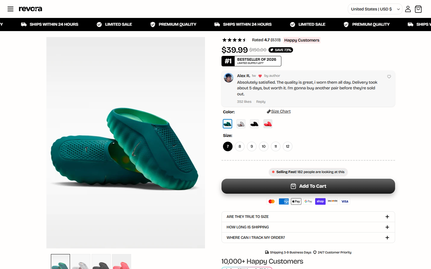Revoraco slides product page showing a large discount, ratings and urgency claims