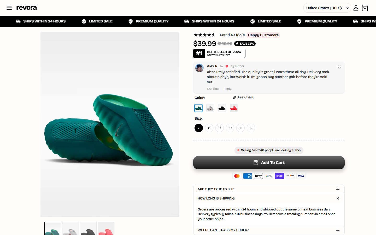 Revoraco product page giving a 7 to 14 day delivery estimate beside a shorter shipping badge