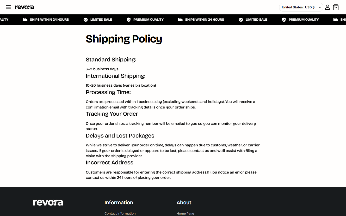 Revoraco shipping policy listing three to nine business days for standard delivery