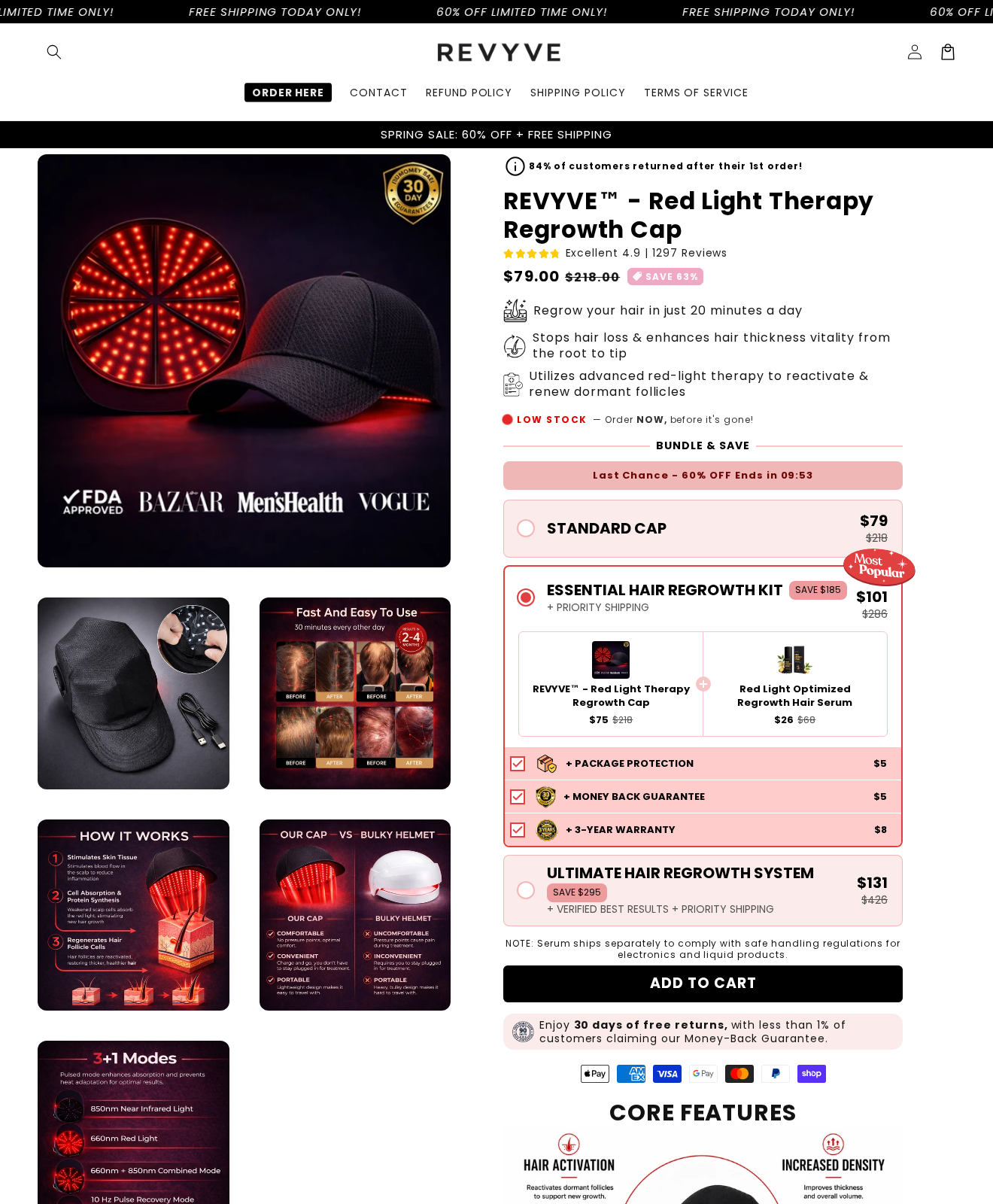 REVYVE red-light cap offer showing the selected essential kit, checked paid extras, FDA branding and hair regrowth claims