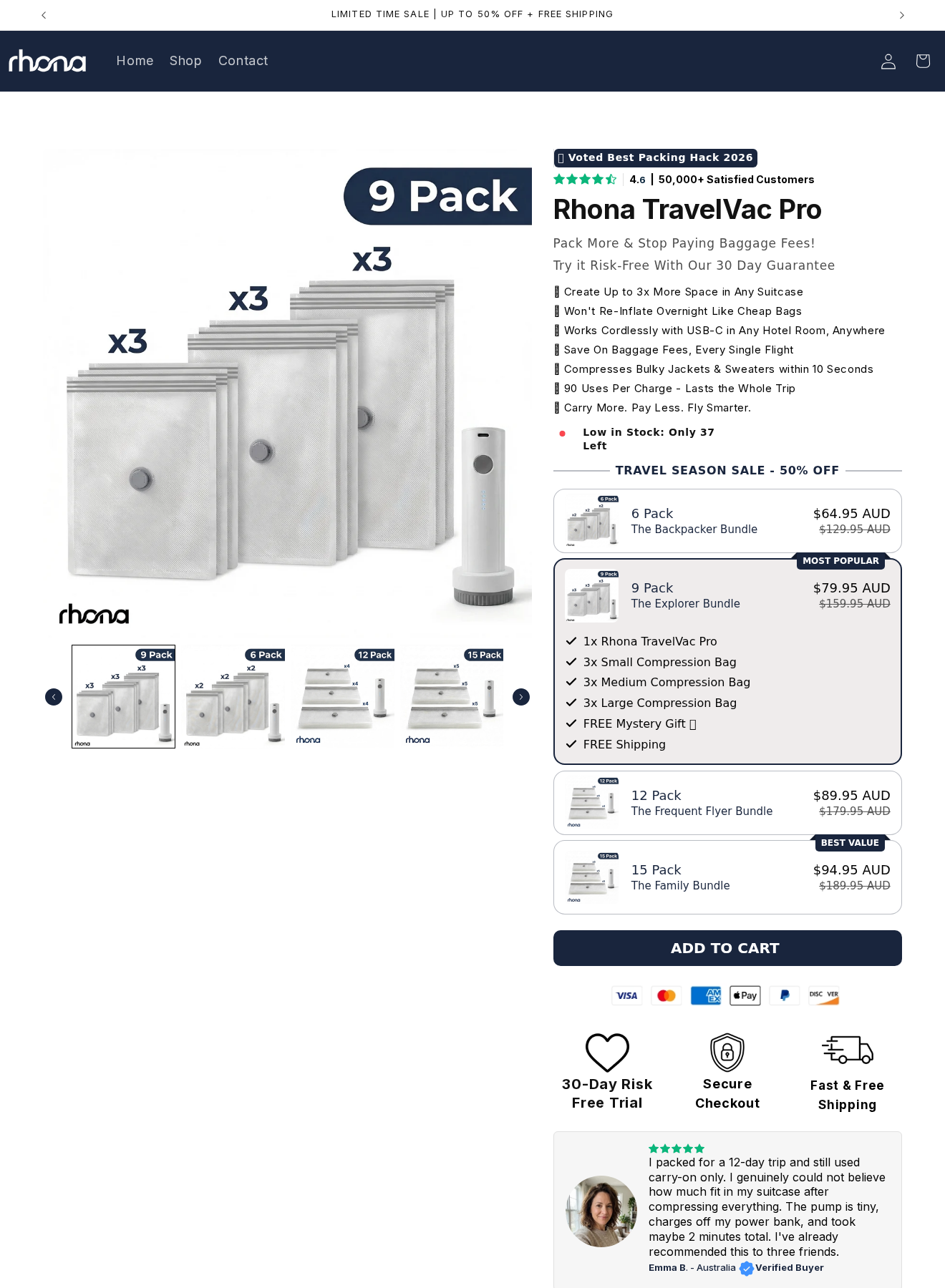 Rhona TravelVac Pro Australian offer with nine-bag package selected at A$79.95 and promises about baggage savings