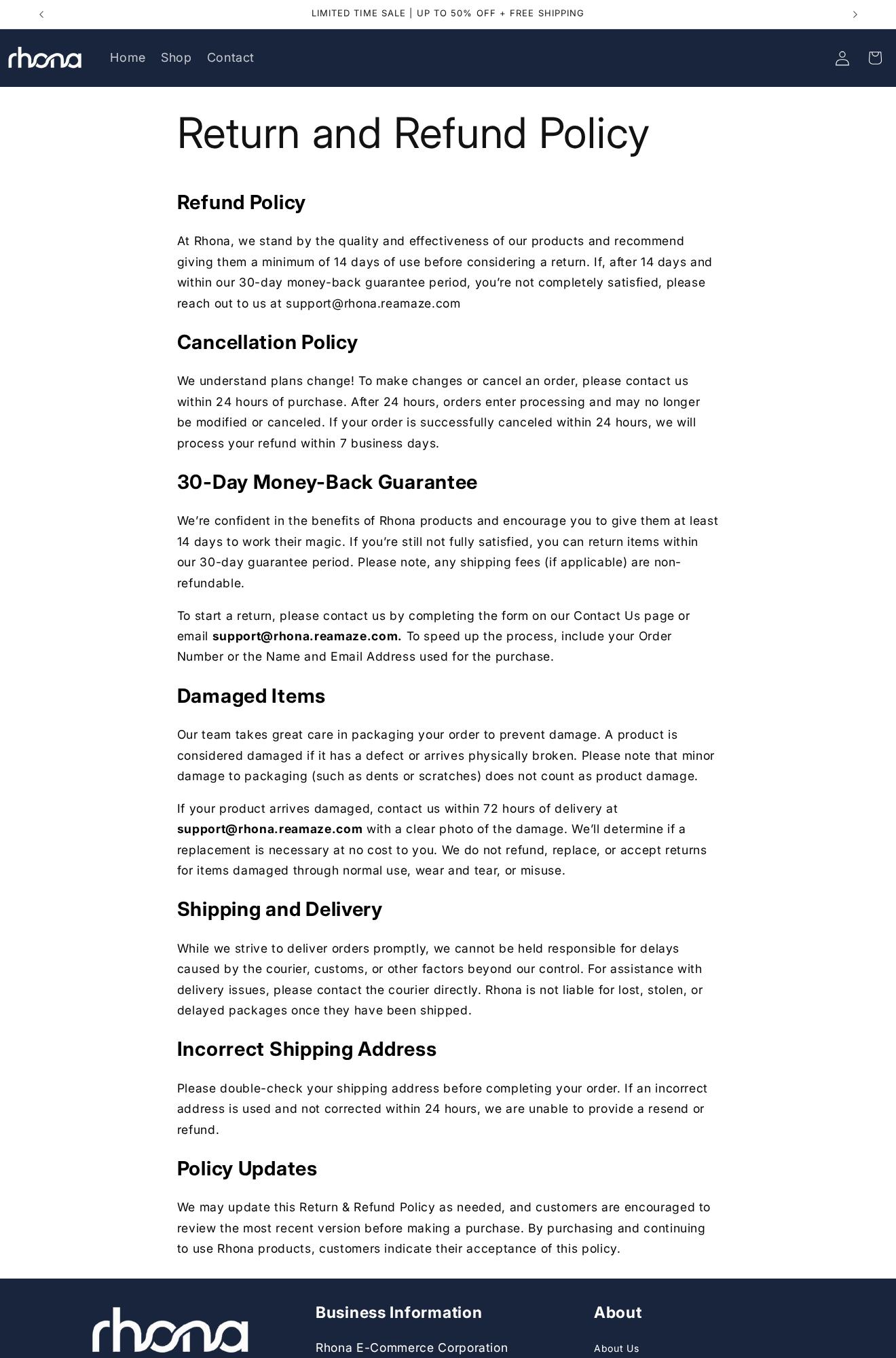 Rhona return policy showing the recommended 14-day use period, 30-day guarantee and contact process
