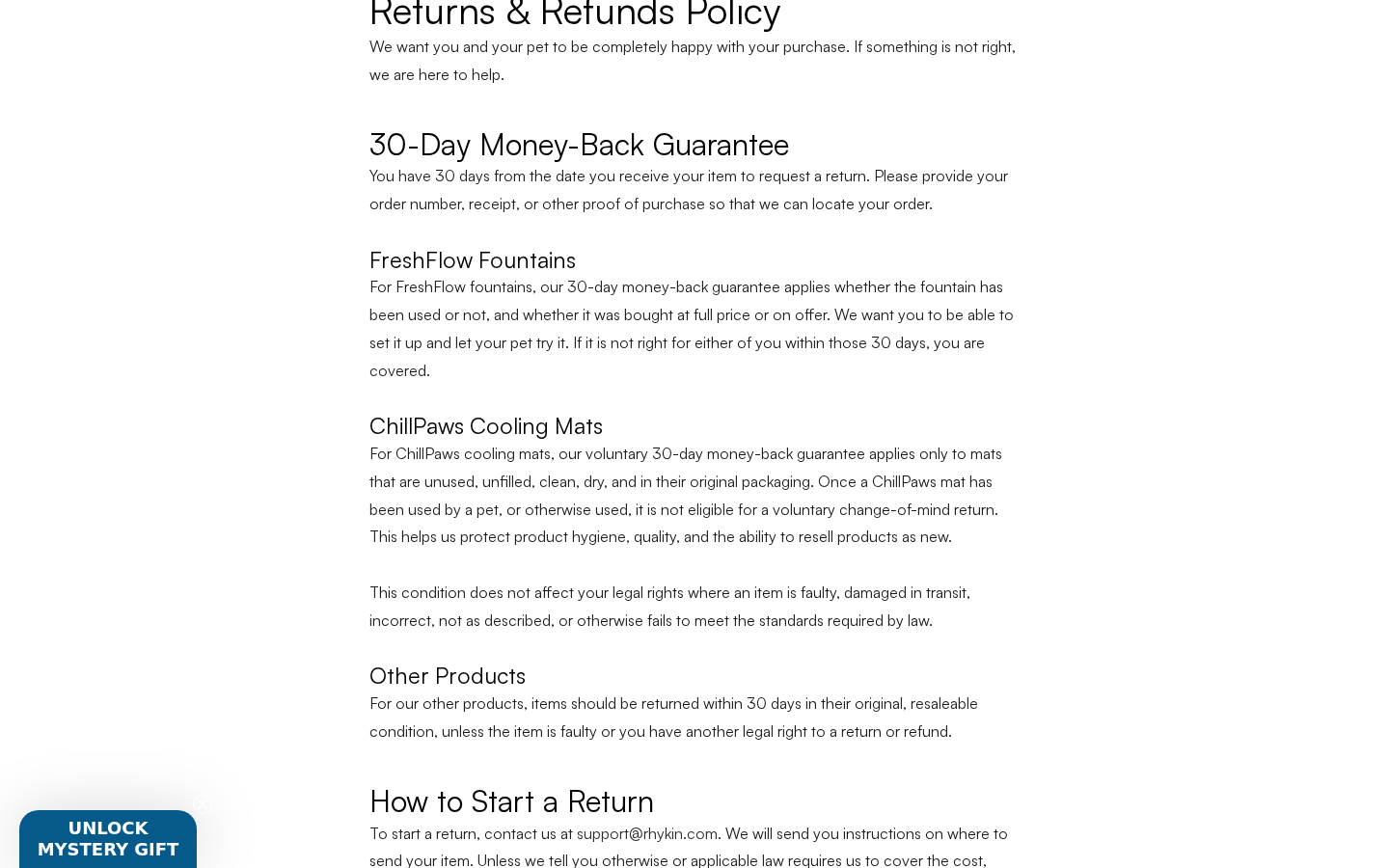Rhykin refund policy showing different thirty-day guarantee conditions for fountains, cooling mats, and other products