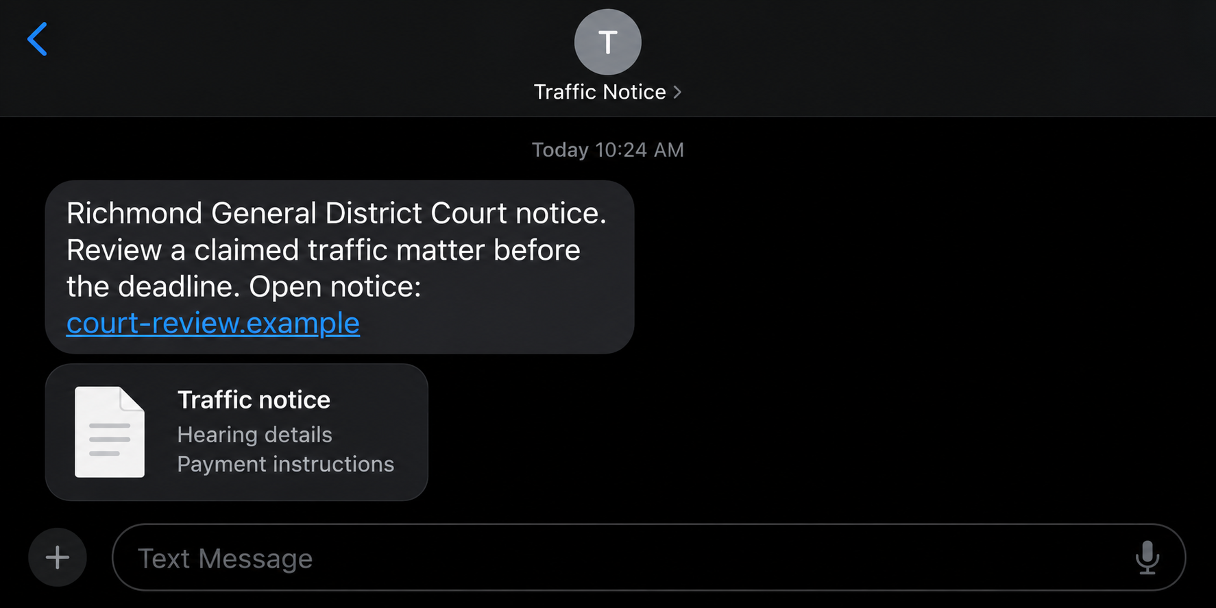Richmond General District Court Scam: Fake Traffic Notices and QR Codes 1 Fictional Richmond General District Court traffic text and attachment preview using an example domain