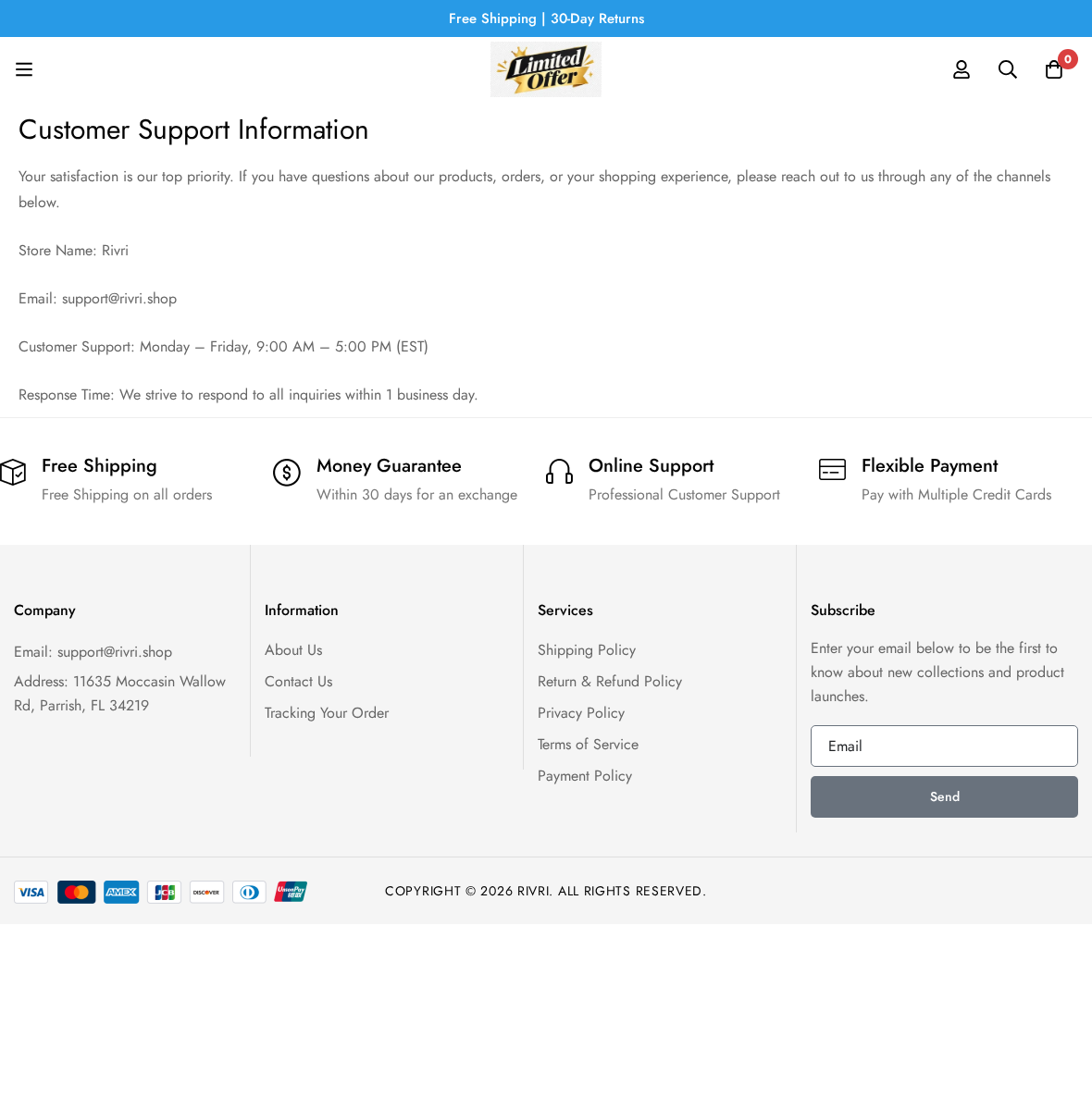 Rivri contact page showing its support details and Florida business address