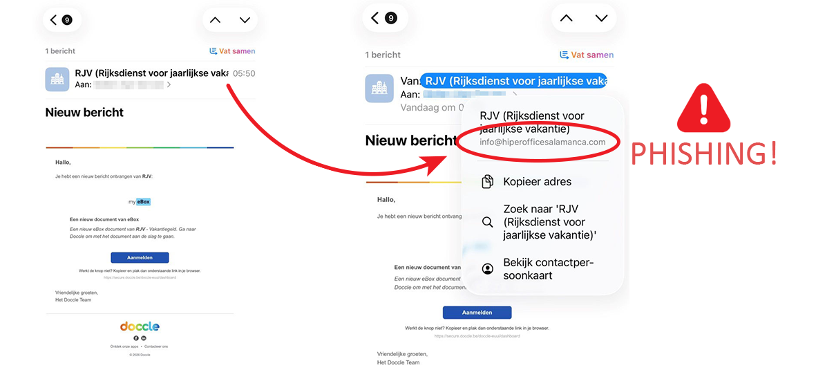 Original RJV phishing warning showing a fake Doccle document email and an unrelated sender address