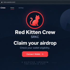 Illustrative Red Kitten Crew RKC airdrop page with a Connect Wallet button and a nonfunctional example address