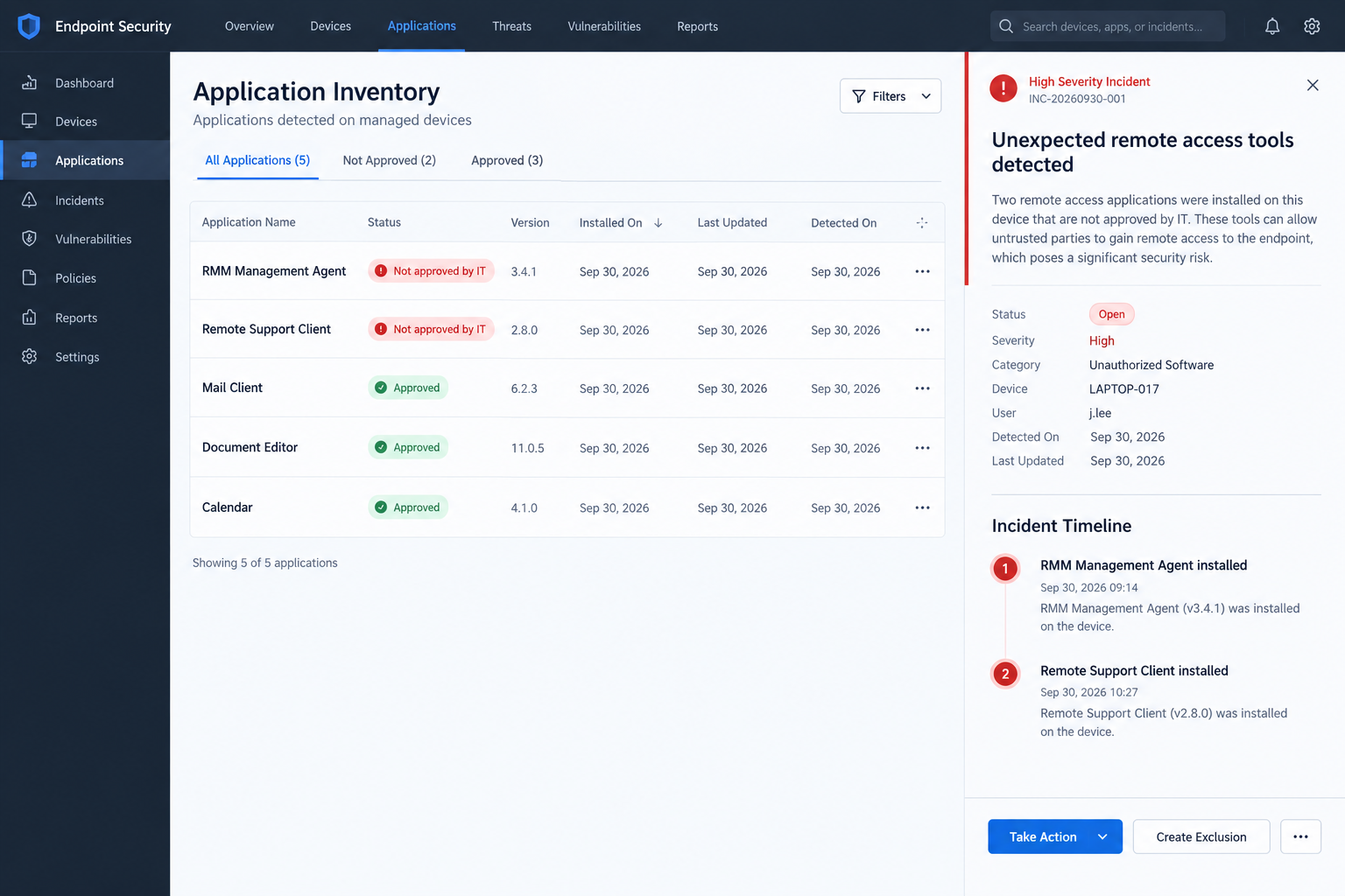 Illustrative fictional security dashboard showing two unexpected remote-support agents after a meeting download