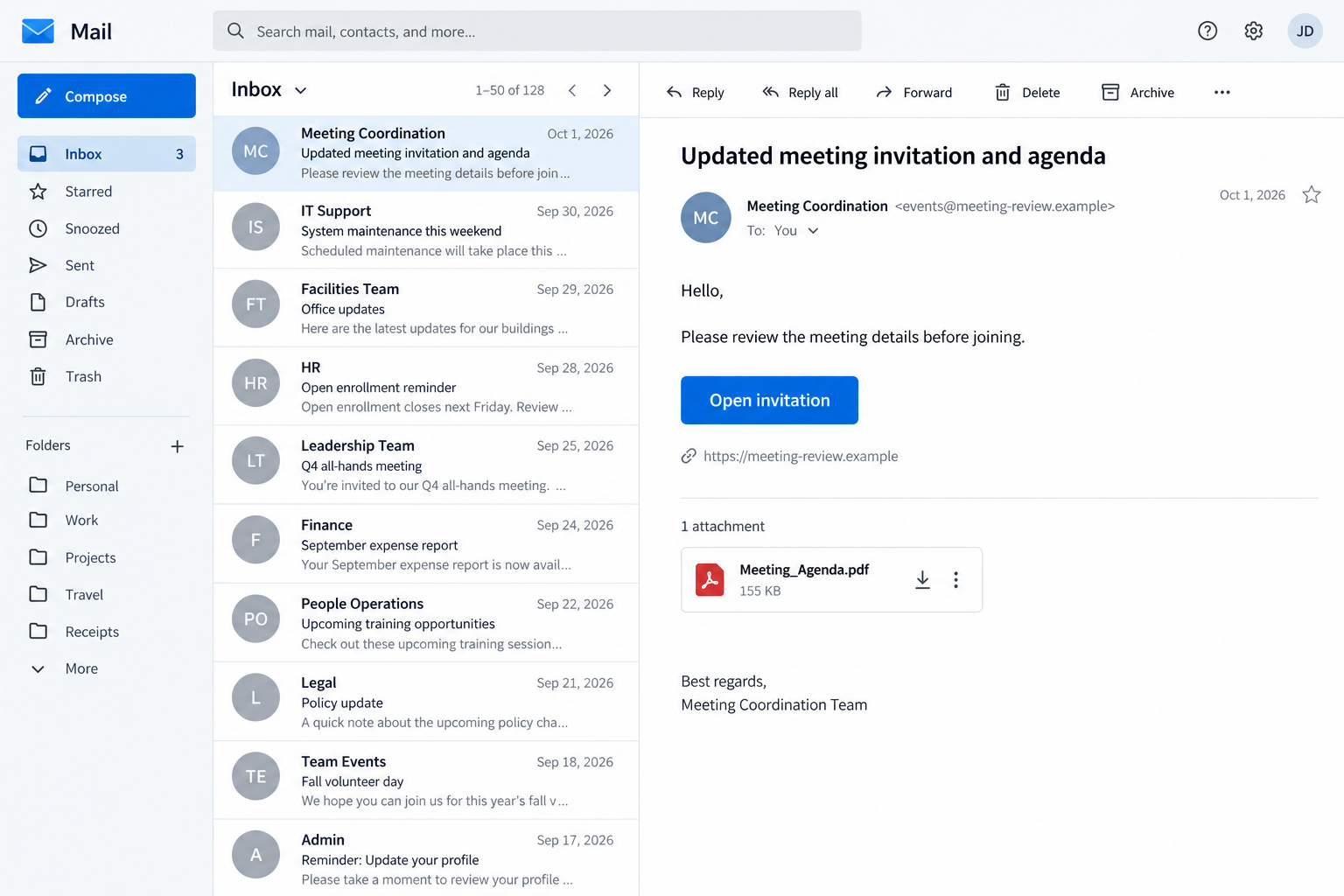 Illustrative fictional meeting invitation email urging a software download before joining
