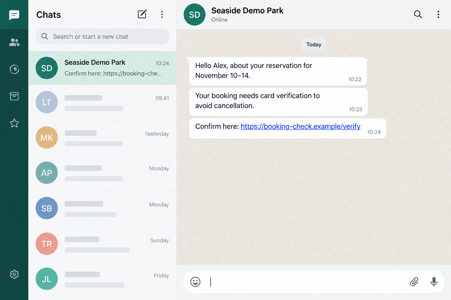 RMS Booking Message Scam: Real Holiday Details, a Fake Card Payment Link 1 Illustrative booking messages using stay dates and a cancellation threat to request card verification