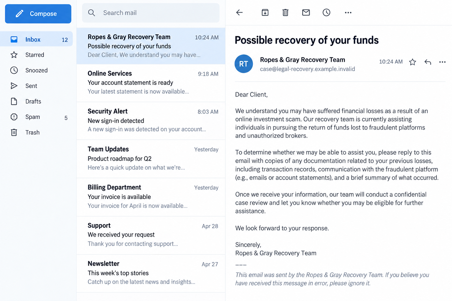 Illustrative reconstruction of a Ropes and Gray recovery scam email, not an actual captured message