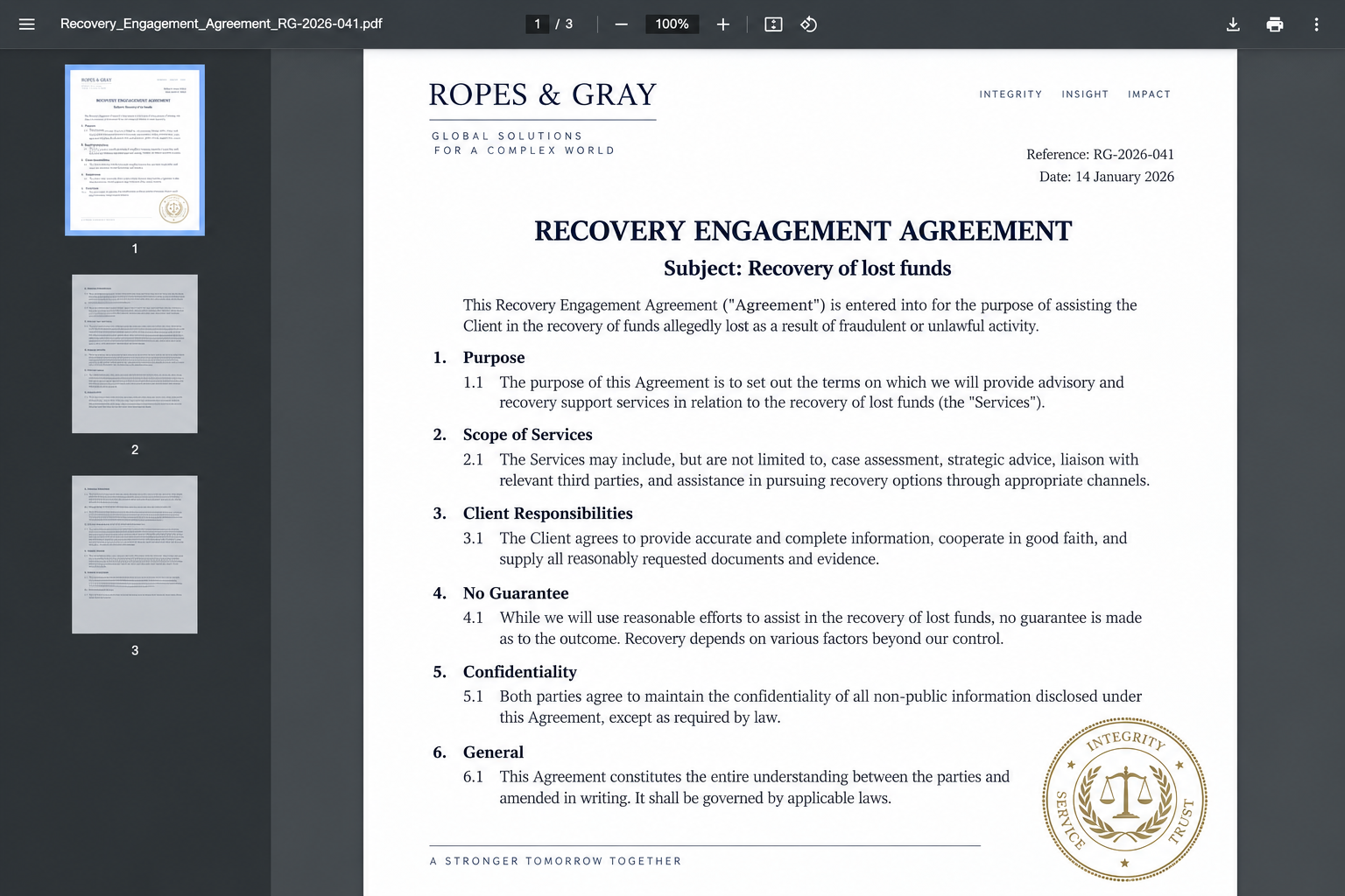 Illustrative forged recovery agreement screen showing how a seal can be misused, not the SRA's actual document