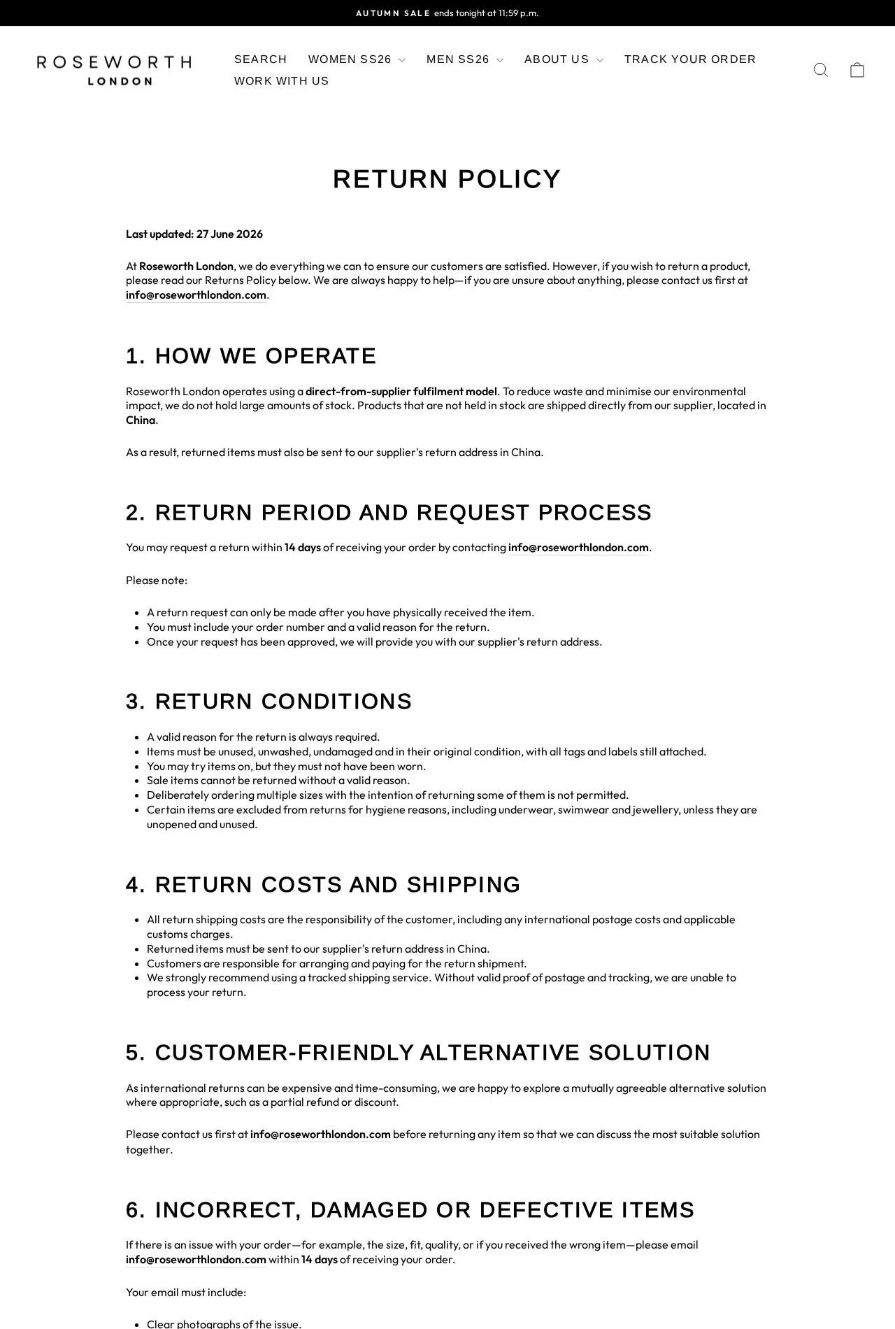 Roseworth London return policy identifying China fulfillment, a 14-day request window and customer-paid international returns