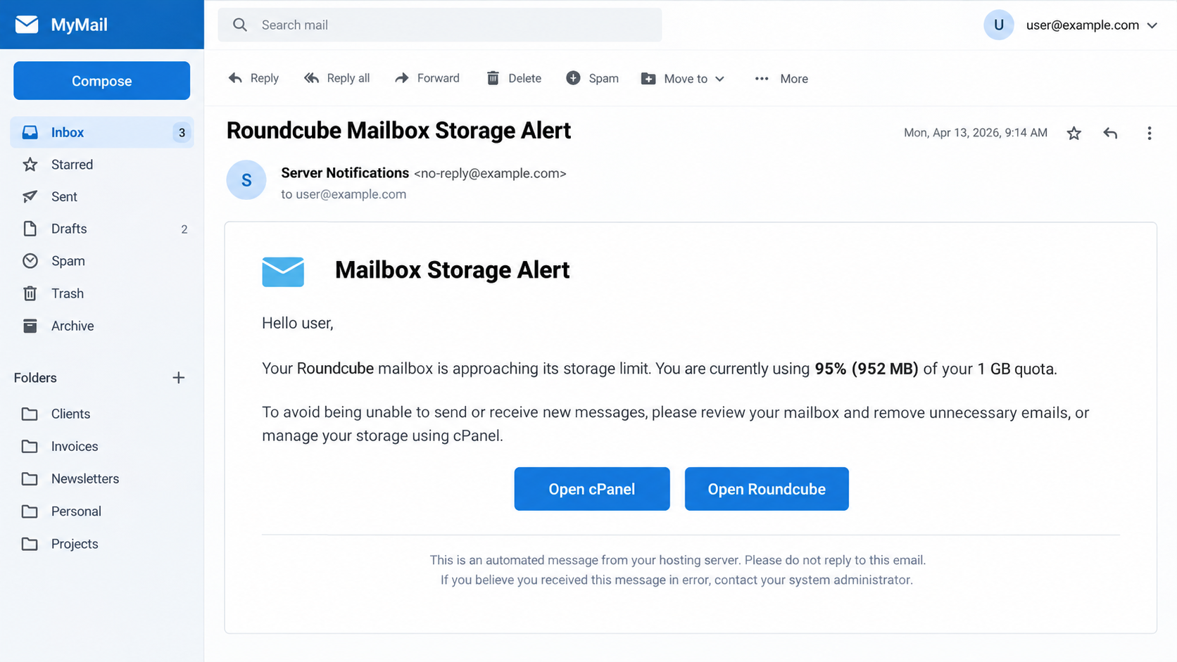 Illustrative Roundcube mailbox storage warning with Open cPanel and Open Roundcube buttons