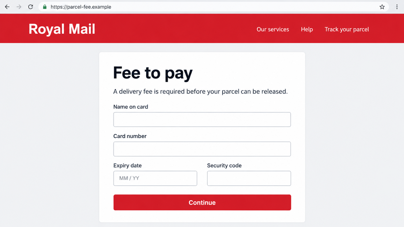 Illustrative fake Royal Mail fee payment form with empty card fields and a nonfunctional example domain