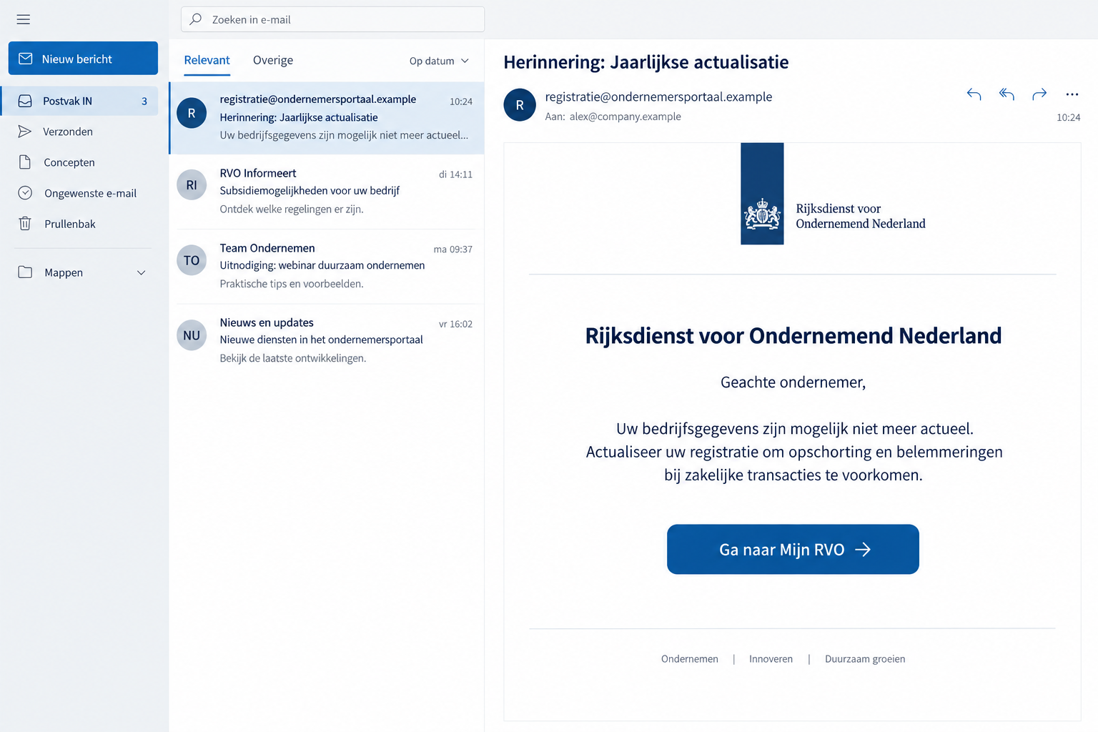 Illustrated RVO annual business update email directing recipients to a fictional registration portal