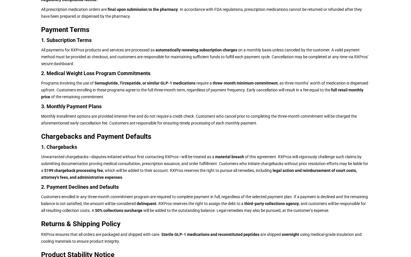 RxPros Reviews: GLP-1 Subscription Fees, Cancellation and Refund Risks 2 RxPros payment terms describing minimum commitments and asserted dispute-related fees