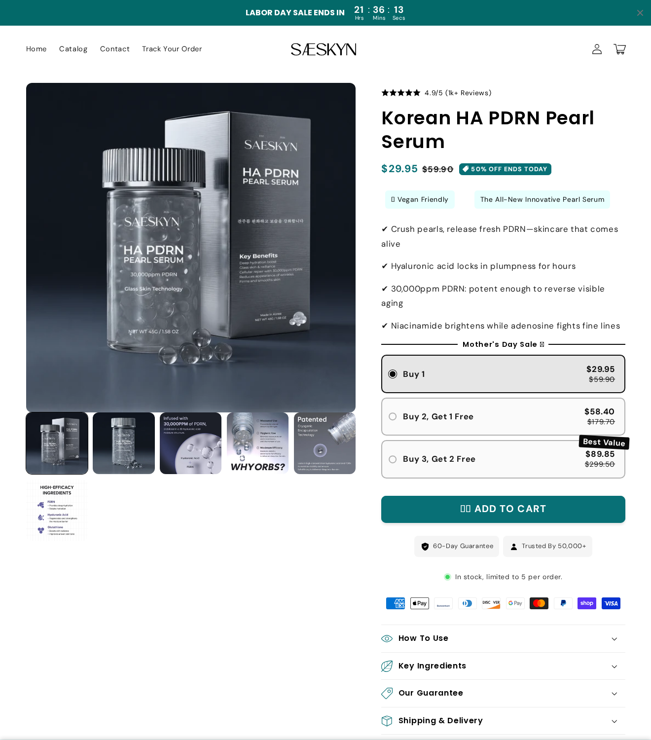 Saeskyn Korean HA PDRN Pearl Serum page showing vegan-friendly wording, the $29.95 option and larger optional bundles