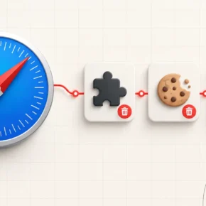 Illustration of Safari cleanup using separate controls for extensions, website data, and notification permissions