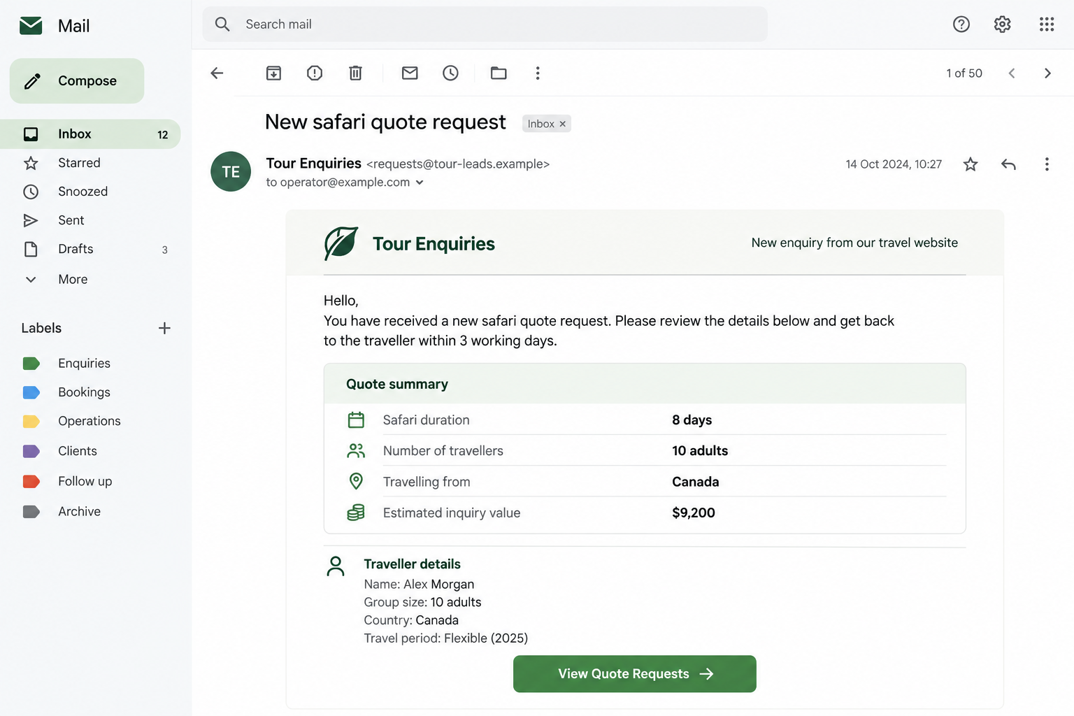SafariBookings Quote Request Email Scam: Fake Tour Leads Steal Passwords 1 Illustrative group safari inquiry email showing a tour summary and a three-day response request