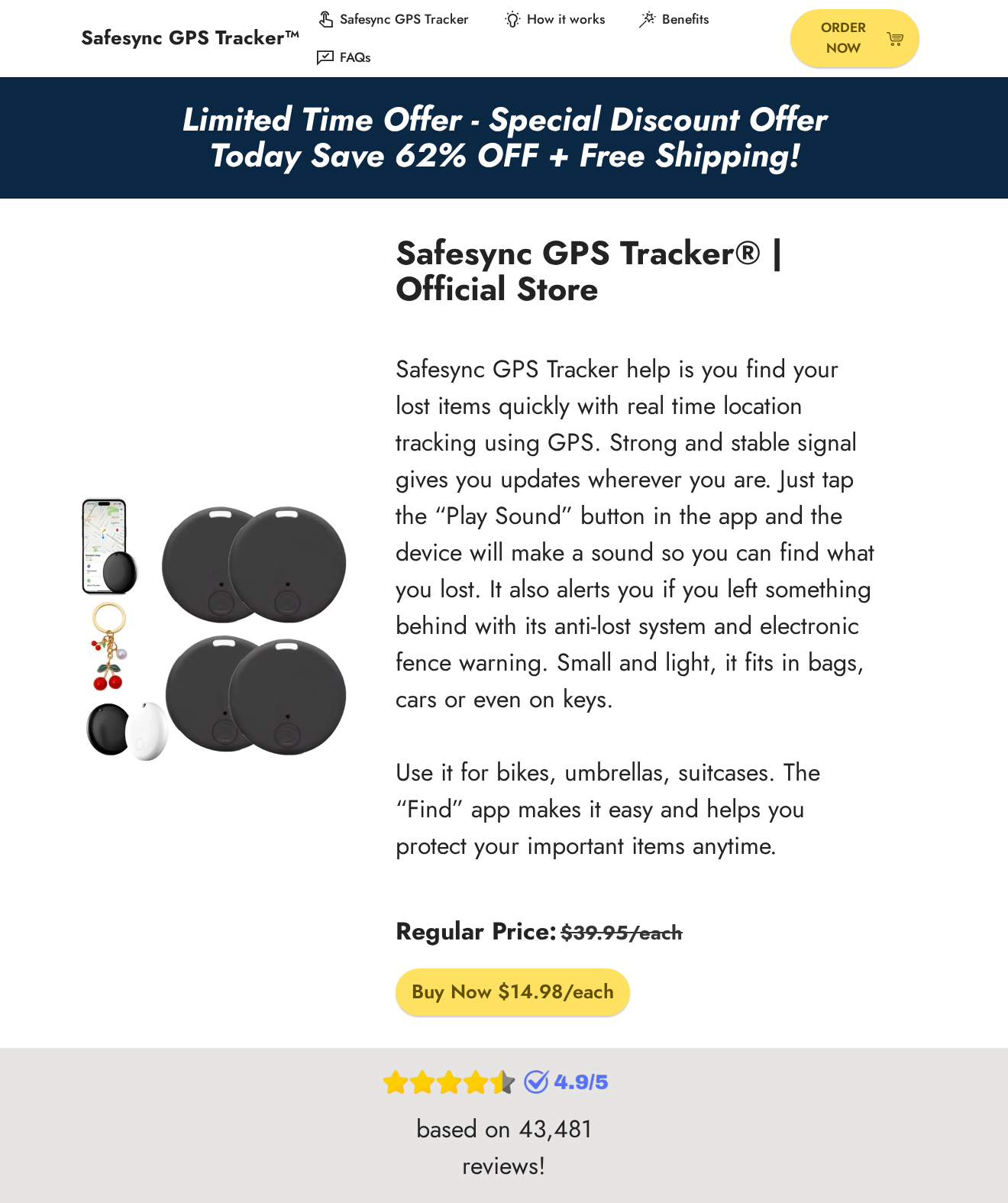 SafeSync GPS Tracker landing page offering the tracker for 14.98 each against a 39.95 regular price, with a 62% off banner and a 4.9 rating claim