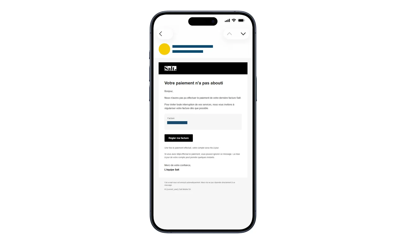 Salt Invoice Scam: An Unpaid Bill Turns Into a Fake Double-Charge Refund 1 Police-published fake Salt failed-payment email in French with a settle-my-bill button and original identifying details masked