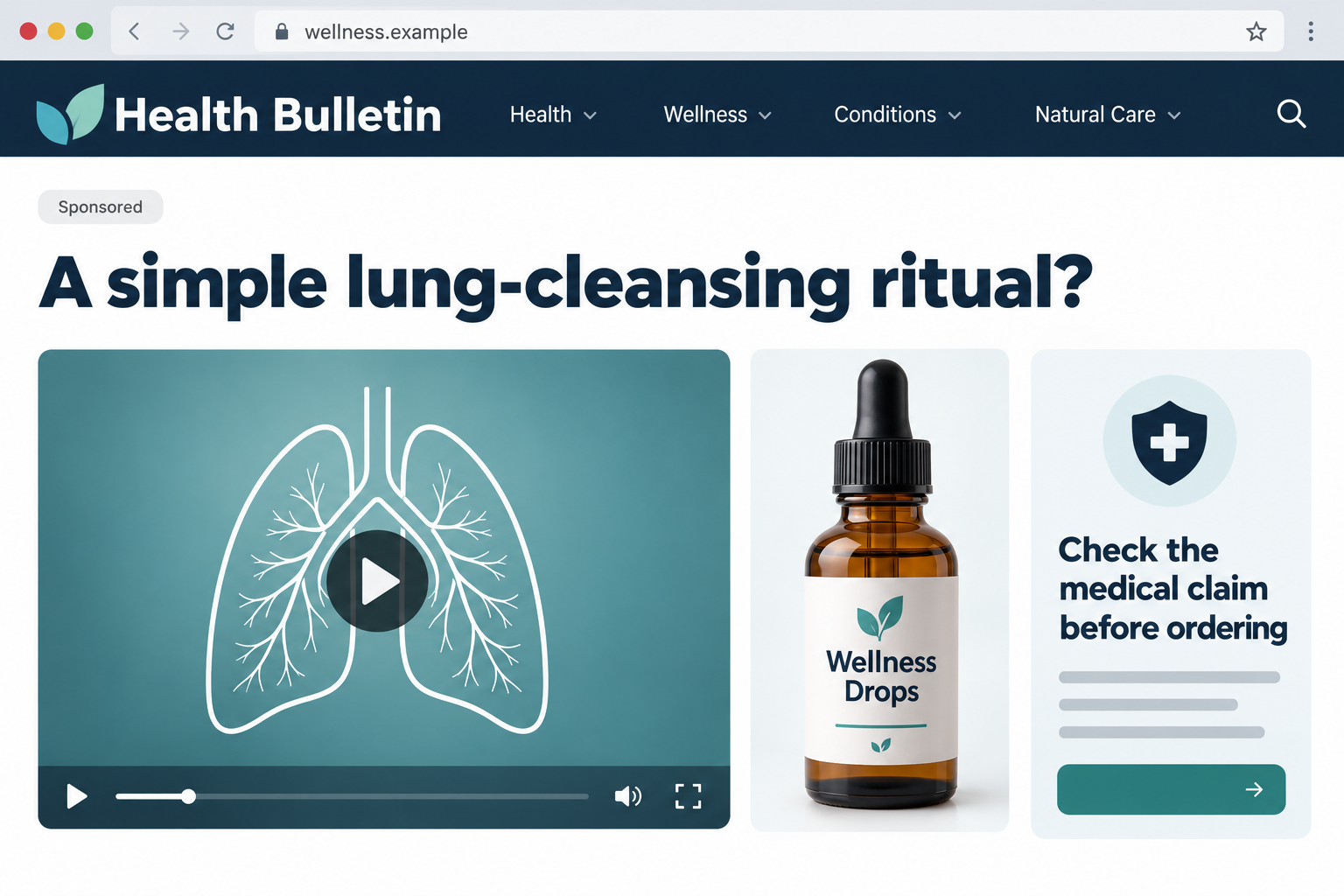 Illustrative lung remedy advertising interface with a video prompt and generic drops bottle