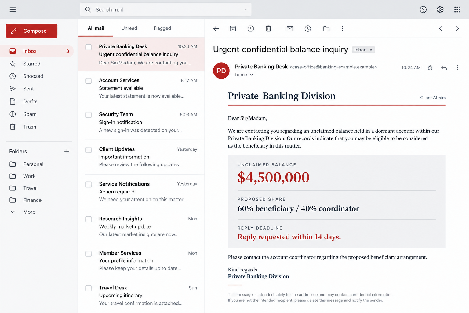 Illustrative confidential banking email claiming an unclaimed balance and a proposed beneficiary split