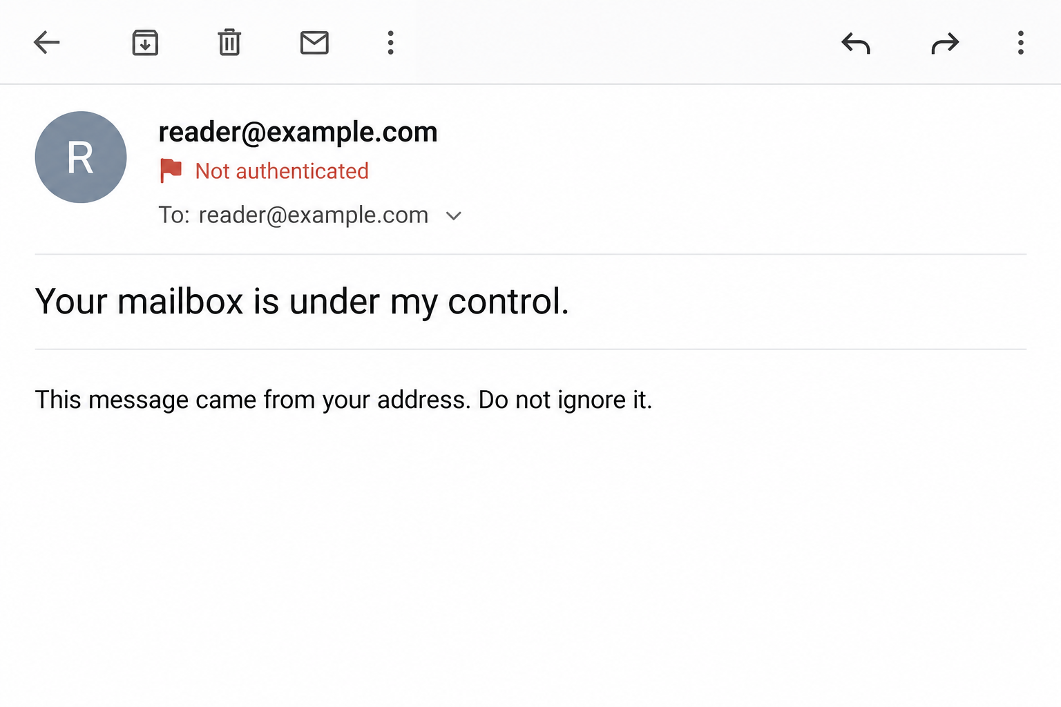 Scam Email From Your Own Address: The Spoofing Trick Behind Fake Threats 1 Generated example of a threatening email displaying the same fictional address as sender and recipient, with an unauthenticated warning