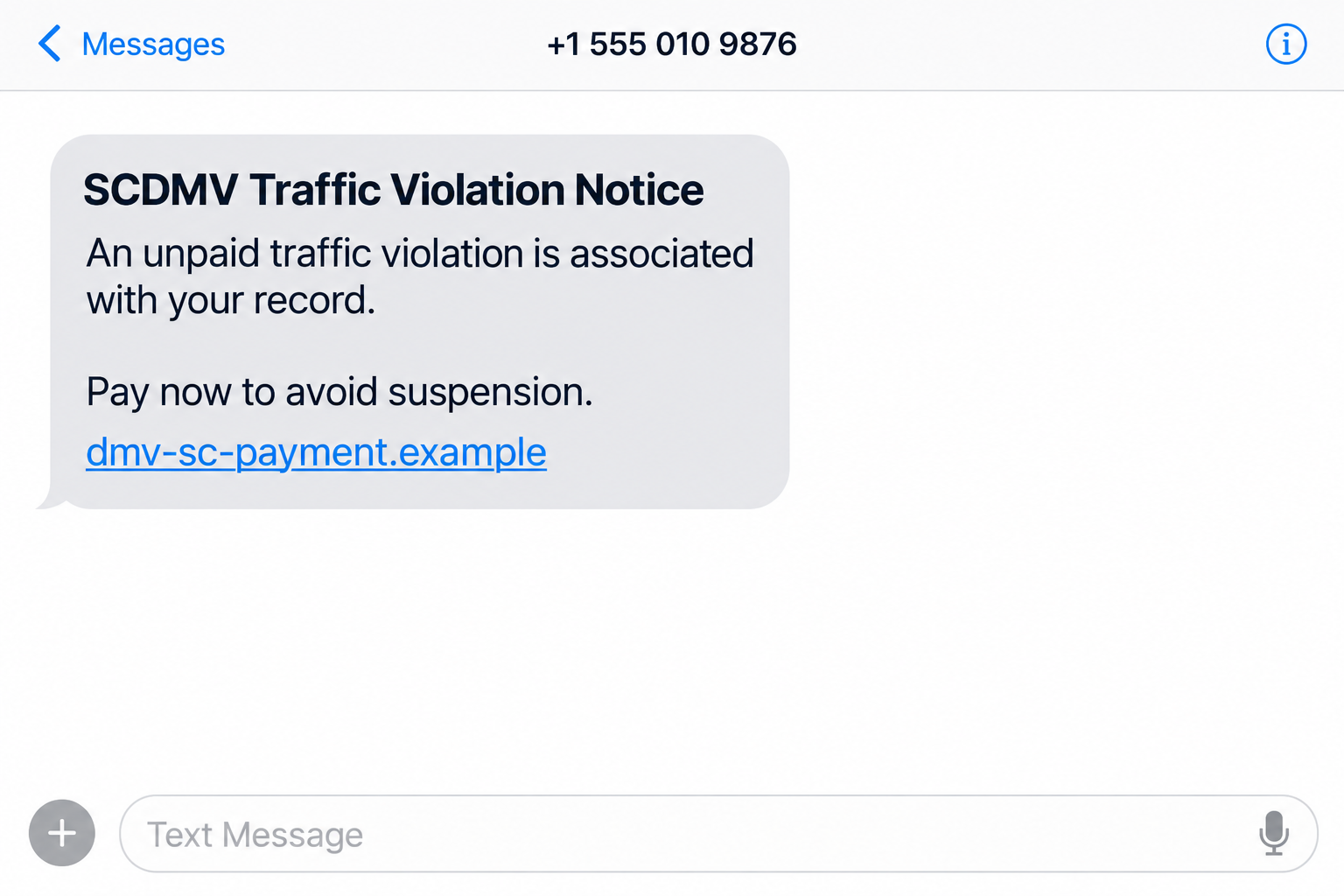 SCDMV Traffic Violation Text Scam: Fake Suspension Threats & Payment Links 1 Illustration of a fake SCDMV traffic violation text threatening suspension and linking to an example domain