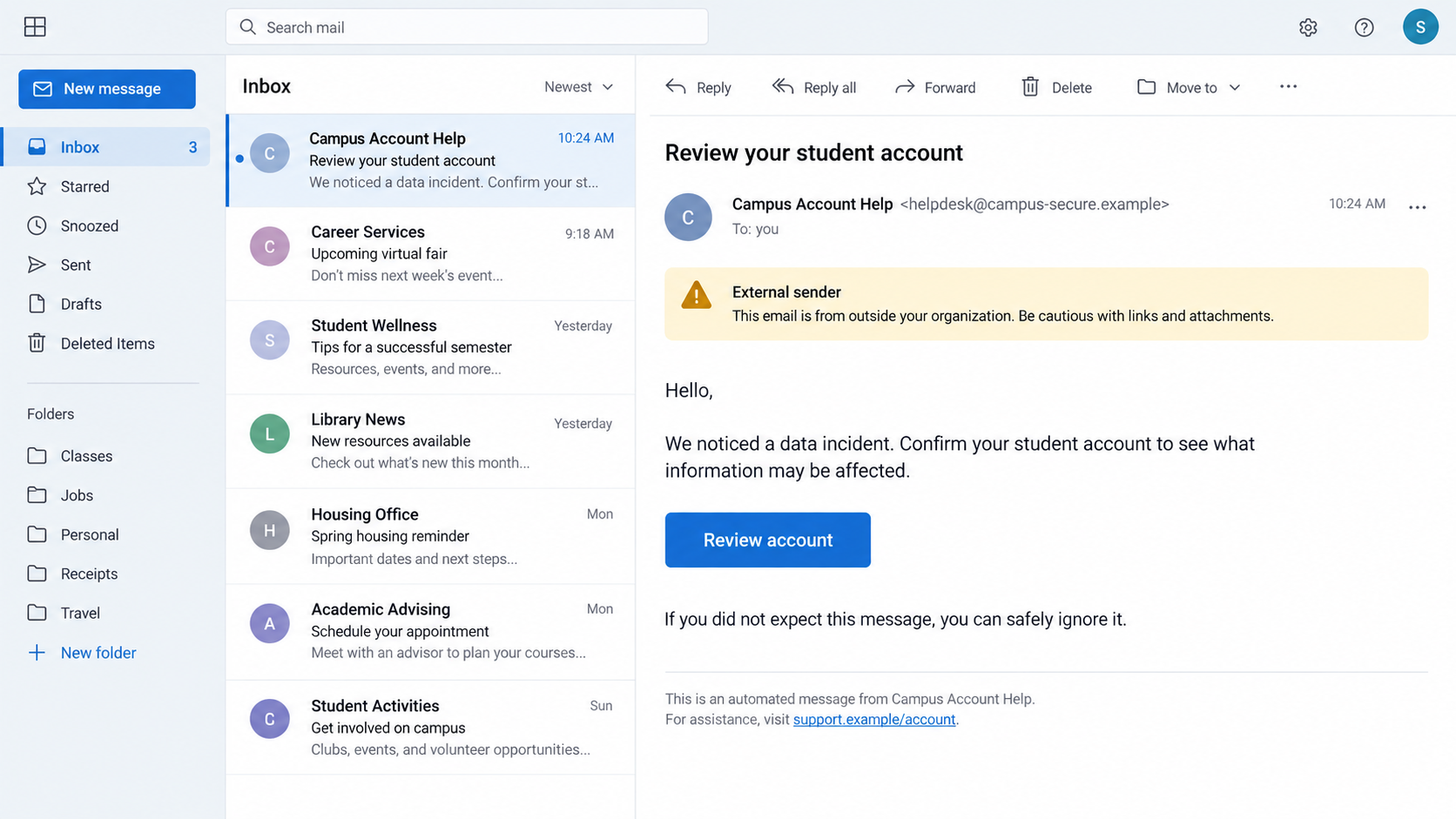 Illustrative fake campus account email following a claimed data incident