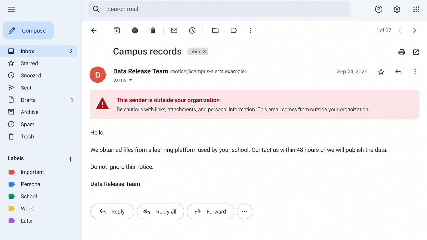Illustrative school data extortion email in a fictional webmail inbox
