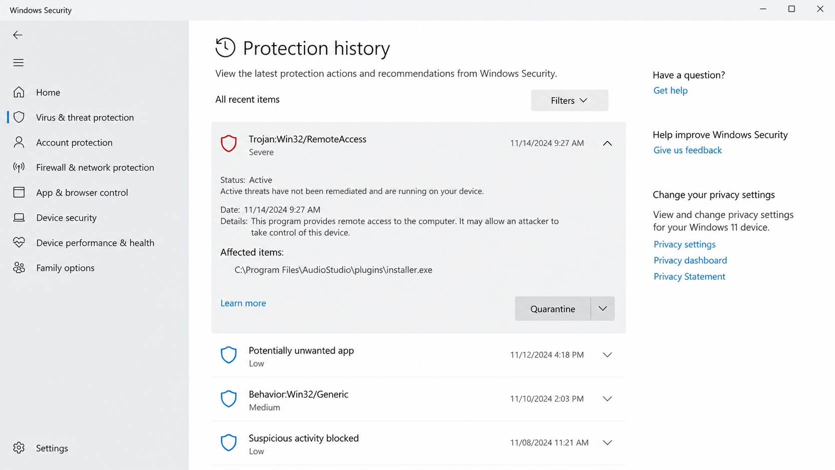 Illustrative Windows Security alert for a remote access threat in a generic audio software folder