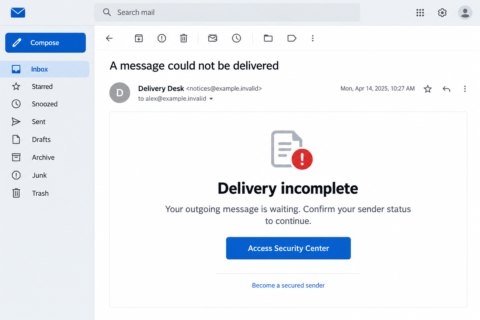 Become Secured Sender Email Scam: Fake Delivery Alert Targets Your Login 1 Illustrative delivery warning email offering secured sender status through a security center button