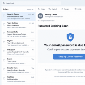 Illustrative Security Center email warning of password expiration and offering a Keep My Current Password button