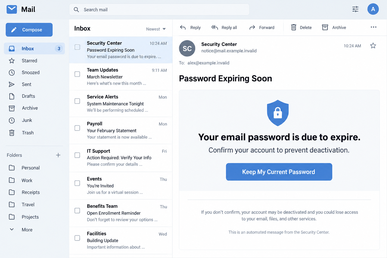 Security Center Password Expiring Soon Email Scam: Fake Login Trap Exposed 1 Illustrative Security Center email warning of password expiration and offering a Keep My Current Password button