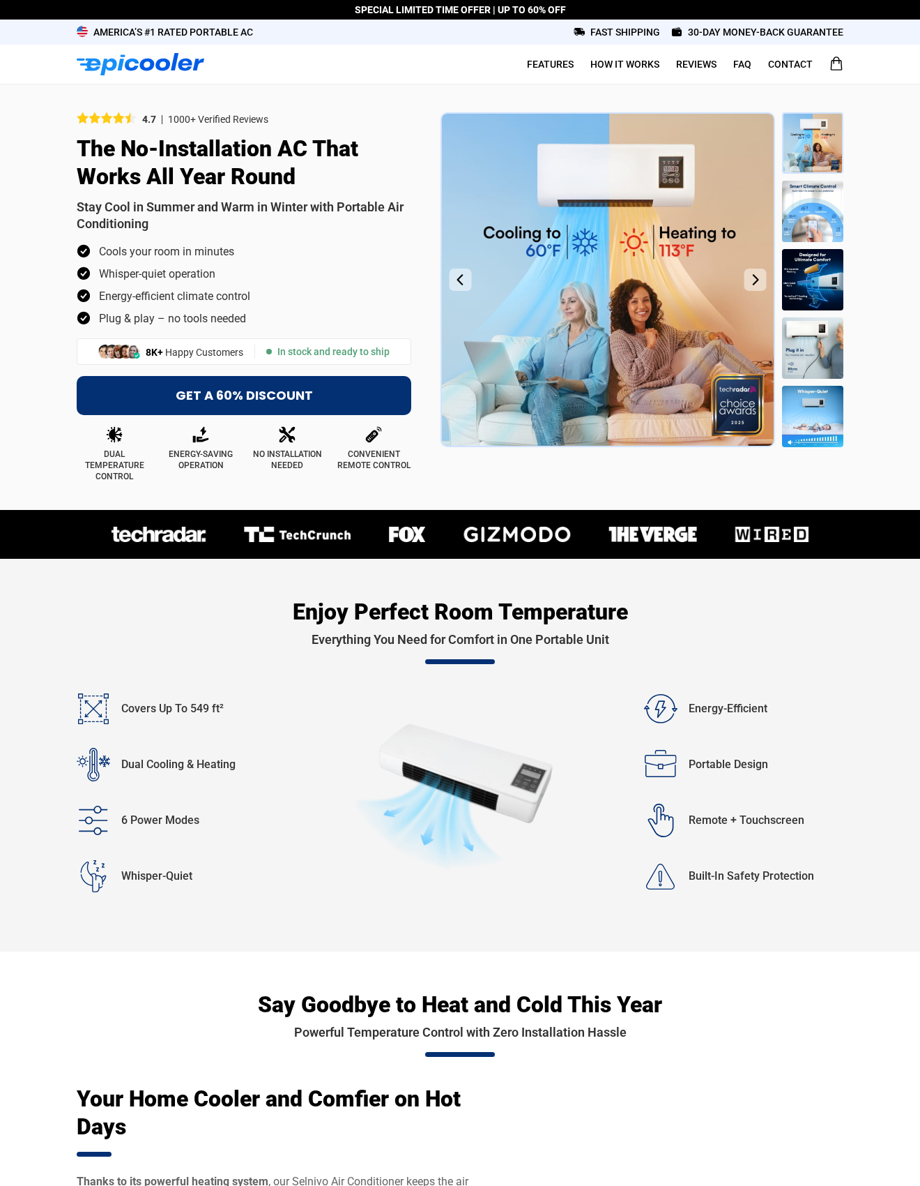 Selnivo Air Conditioner Exposed: Scam or Legit? Cooling Claims Investigated 1 Selnivo promotional page with Epicooler branding, room-cooling claims, media logos and a 60% discount button