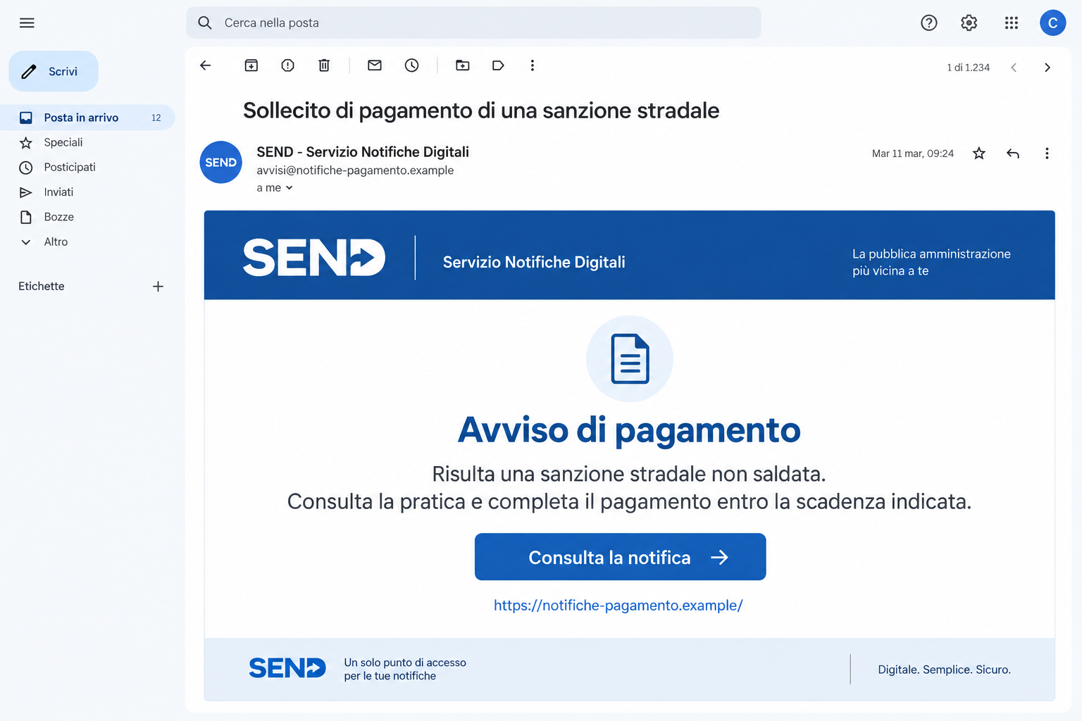 Illustration of a fake SEND digital notice requesting payment of an alleged traffic fine
