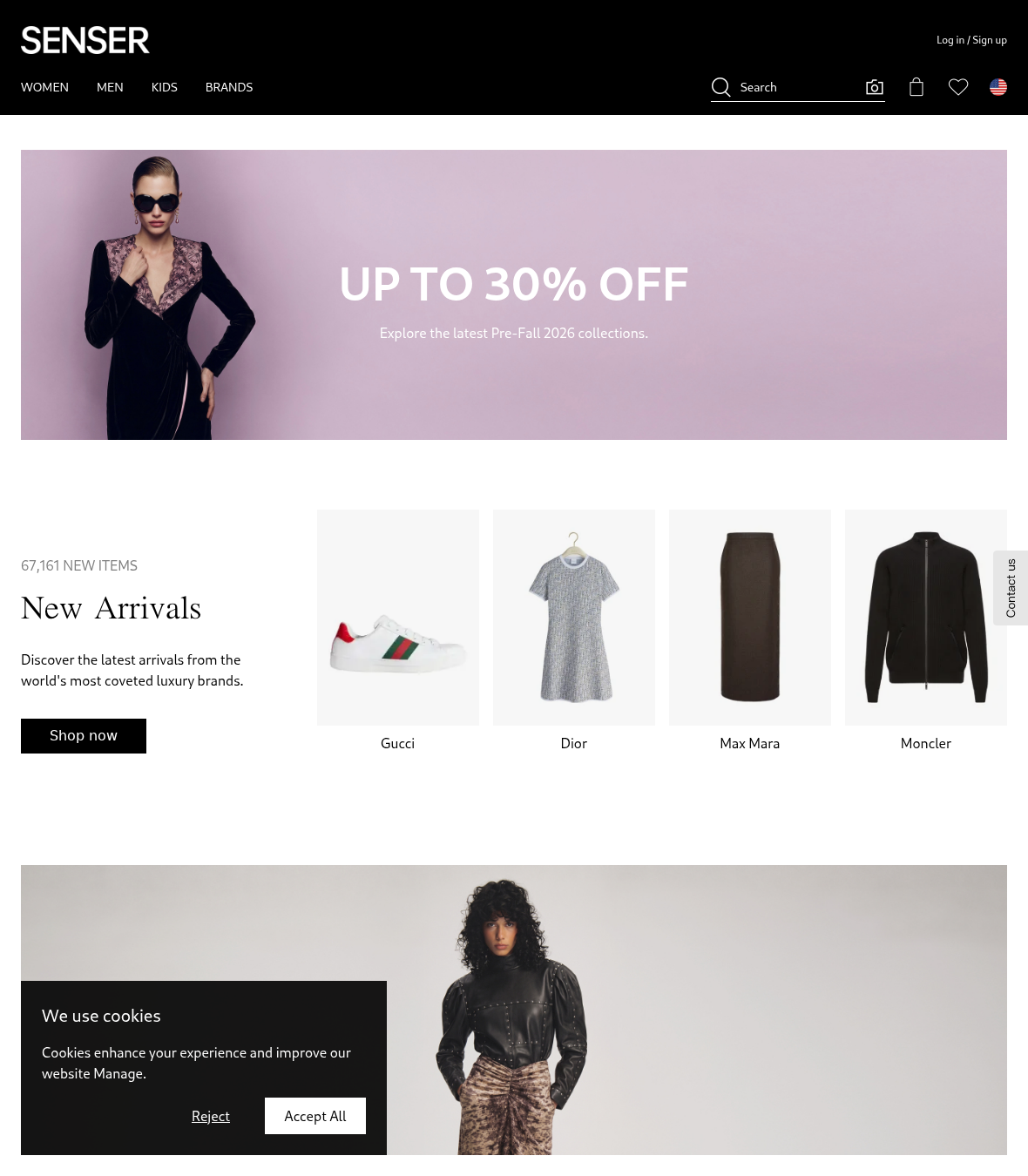 SENSER Review: Designer Discounts, Return Fees and Cancellation Charges 1 SENSER luxury fashion storefront advertising up to 30% off with designer-brand listings