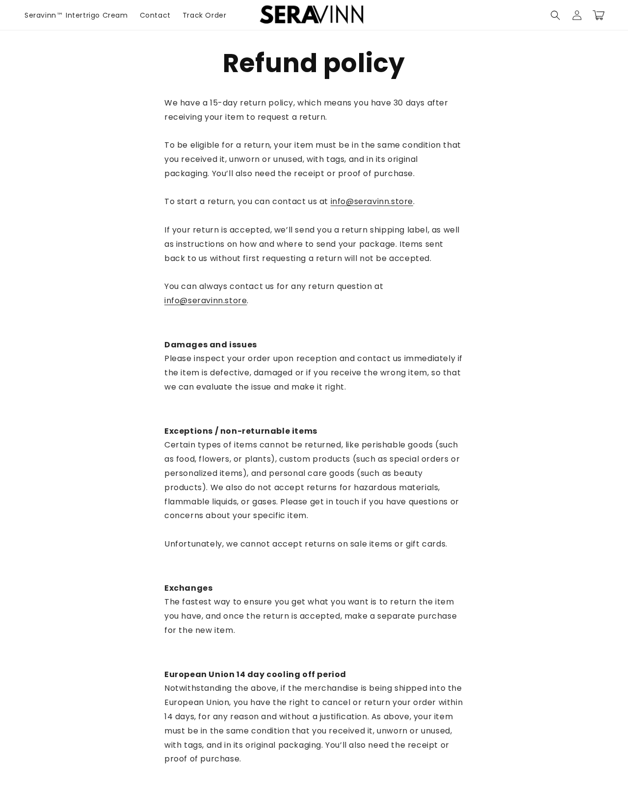 Seravinn Intertrigo Cream EXPOSED: Skin Claims and Conflicting Refunds 2 Seravinn refund policy combining 15-day and 30-day language with unused-product and personal-care exclusions