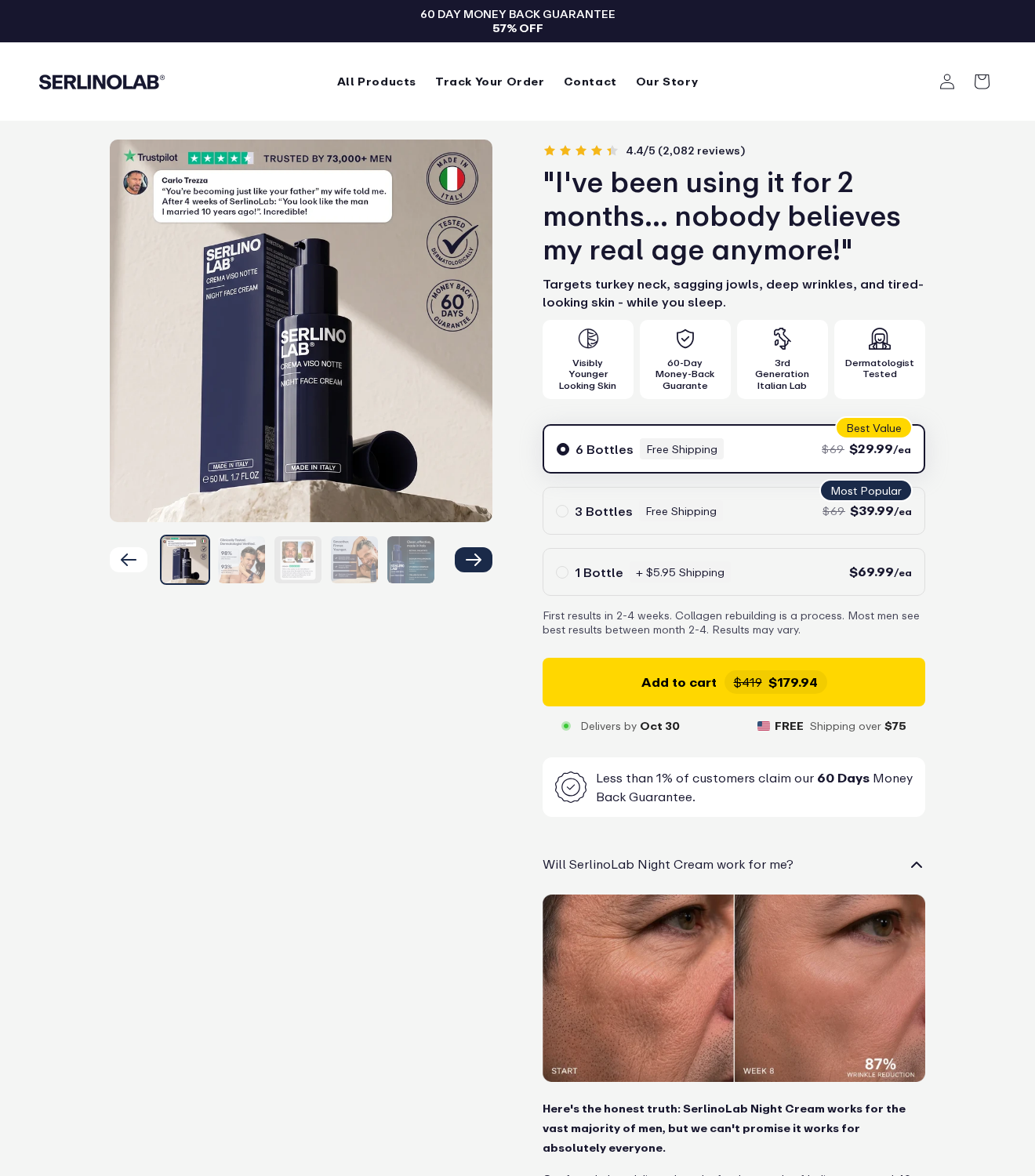 SerlinoLab anti-aging night cream offer with bottle quantities and a 60-day money-back promise