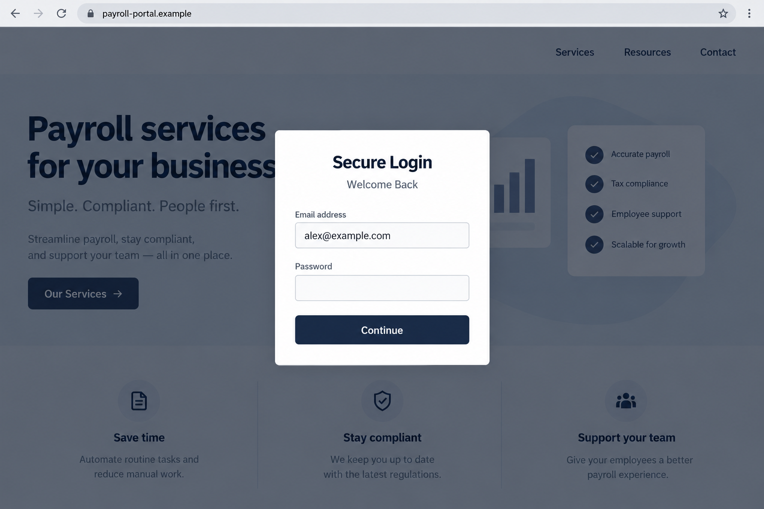 POP3 SMTP Settings Update Email Scam Exposed: The Fake Mailbox Repair Trap 2 Illustrative Secure Login overlay on an unrelated payroll-style site using a fictional domain