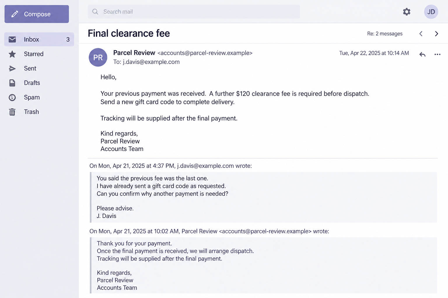 Illustrative email thread showing another gift card clearance demand after a supposedly final parcel fee